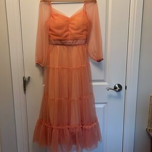 Bridgerton Tiered Ruffle Midi Dress Square Neck Long Sleeves Peach Orange/Pink